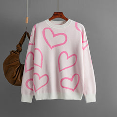 Round Neck Love Contrast Color Sweater Loose Pullover Sweater