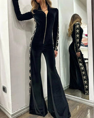 Velvet Stitching Printed Long Sleeved Wide Leg Jumpsuit