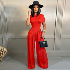 Solid Color Short Sleeve Rompers Wide Leg Pants Two Piece Set