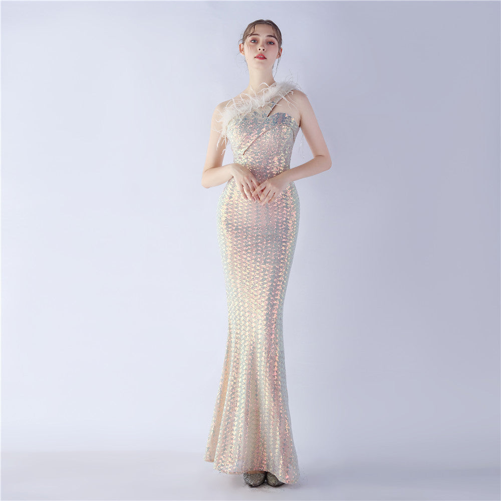 Craft Order – Abendkleid mit Straußenfedern, einer Schulter, diagonalem Kragen, hoher Dichte und Pailletten