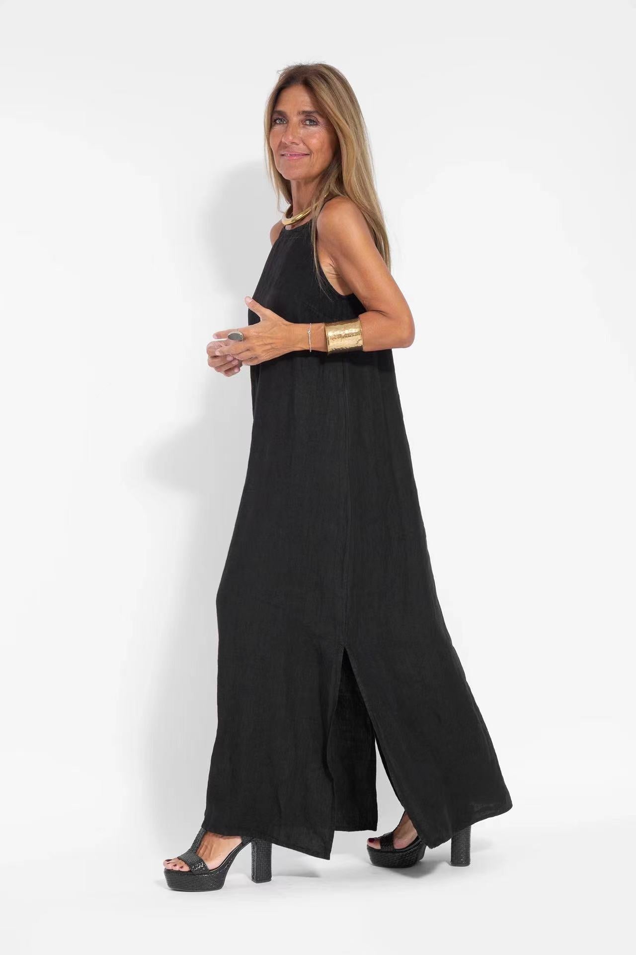 Fashionable Cotton Linen Slit Sleeveless Loose Dress