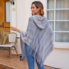 Knitted Tassel Shawl Cape Striped Hooded Scarf