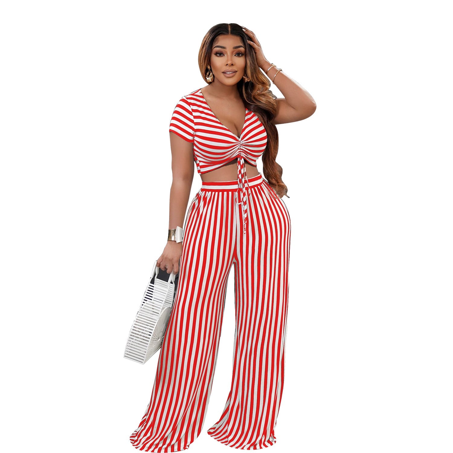 Two-Piece Striped Printed Two-Piece Suit Short Sleeve V-neck Loose