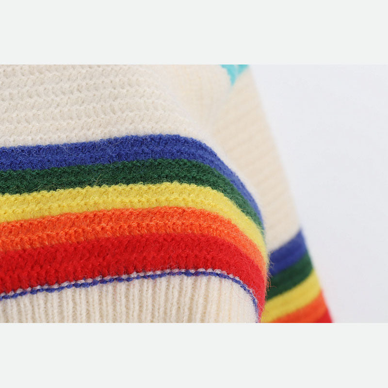 Dicker Jacquardpullover mit Regenbogenstreifen und lockerer Strickjacke