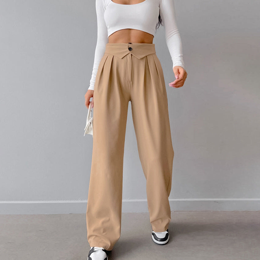 Design Pleated High Waist Straight Casual Pants French Office Draped Work Pant