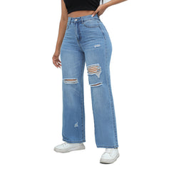 Jeans délavés à l'eau avec trous et jambes larges