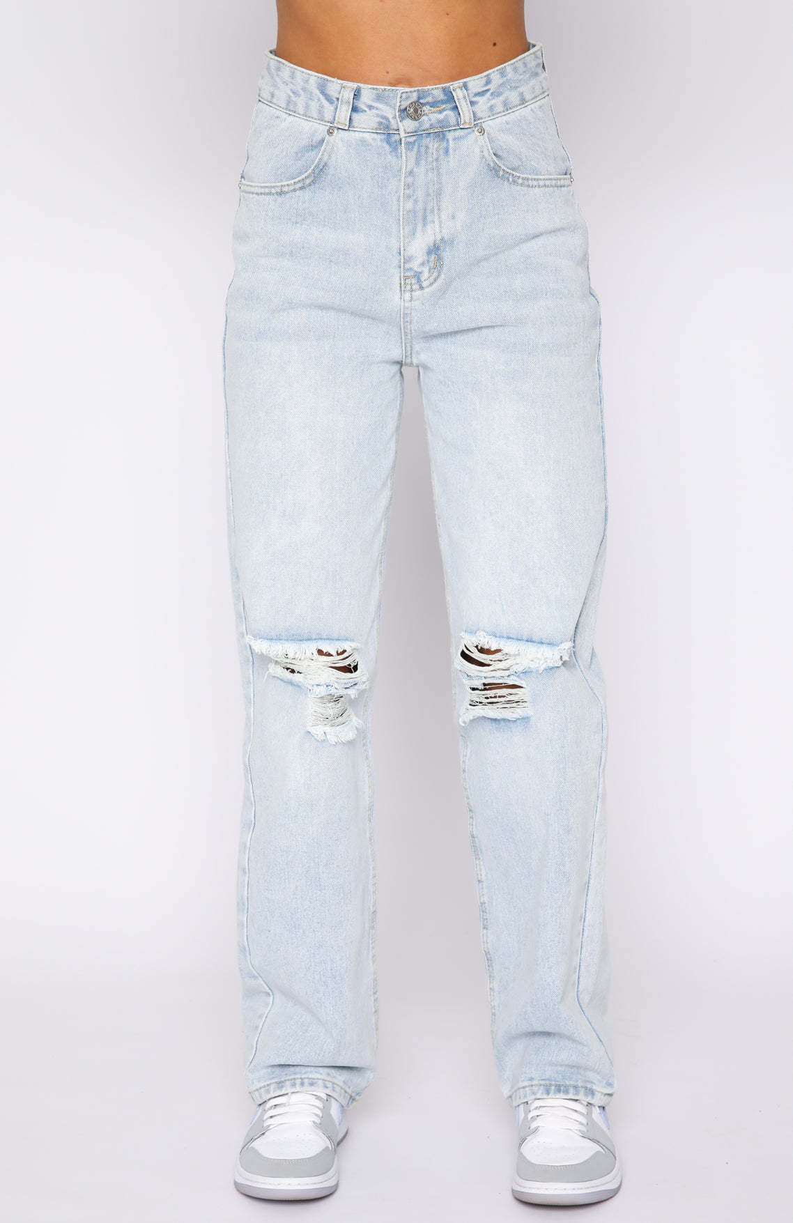 Street Hipster Ordinary Washed Solid Color Straight-Leg Denim Trousers