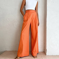 Pantalon de travail décontracté orange taille haute en coton et lin, pantalon large taille haute tombant