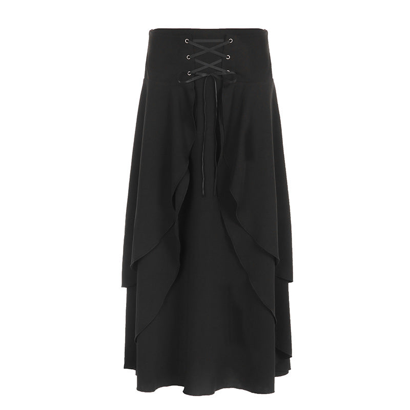 Jupe asymétrique à lacets et œillets Dark Street Cool, taille contrôlée, coutures doubles, robe mi-longue amincissante