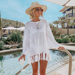 Hollow Out Cutout Knitted Tassel Beach Cover Up Seaside Vacation Bikini Cover Swimsuit Outwear Sun Protection