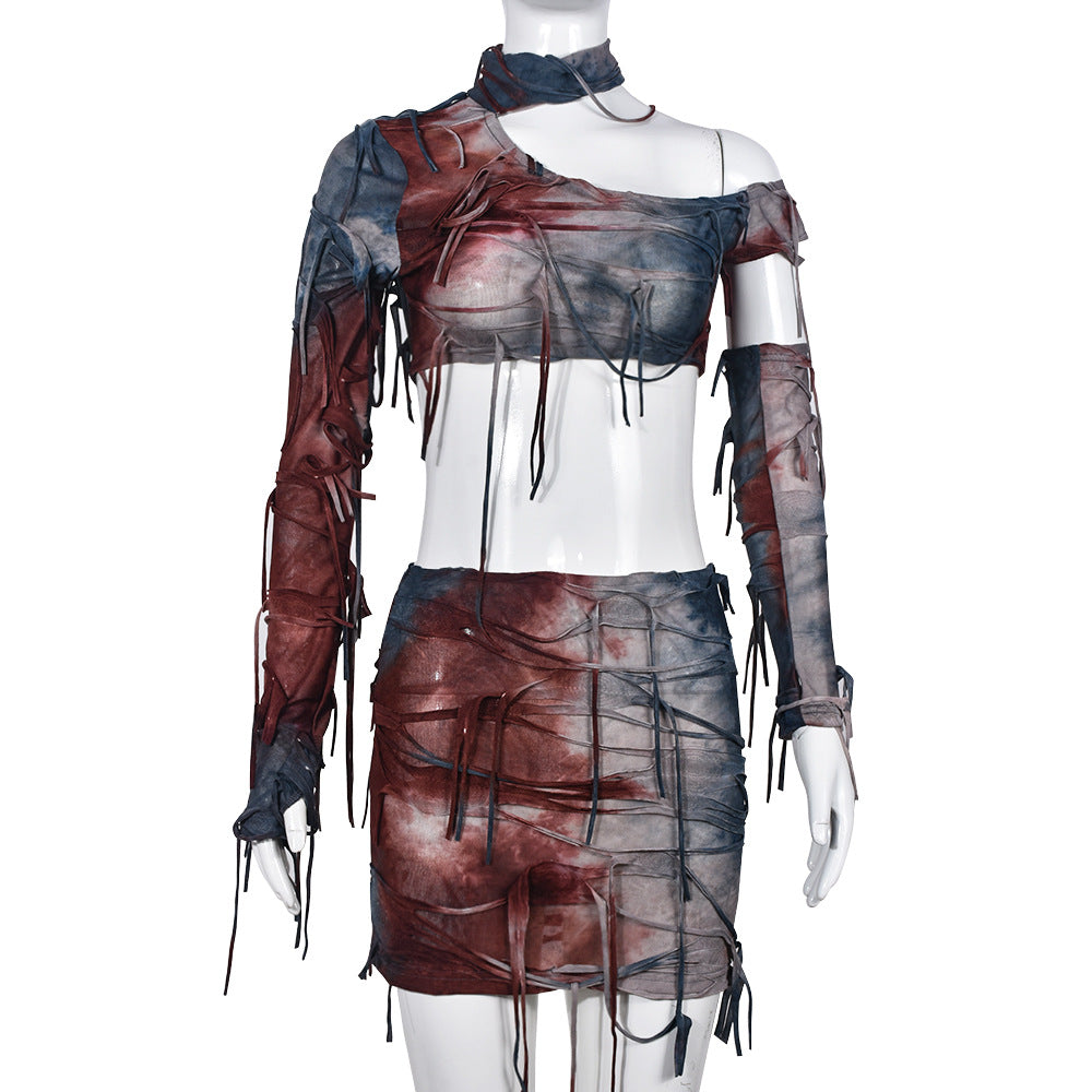 Tassel Ripped Contrast Color Cropped Tie Dyed Wansheng Set
