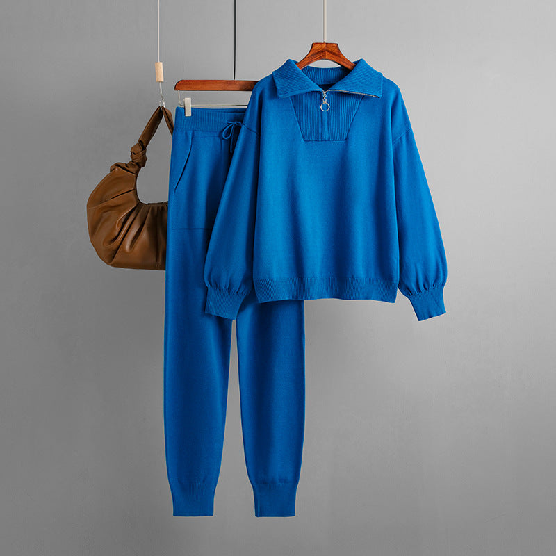 Ensemble pull et pantalon à col polo, ample et décontracté, en tricot, deux pièces