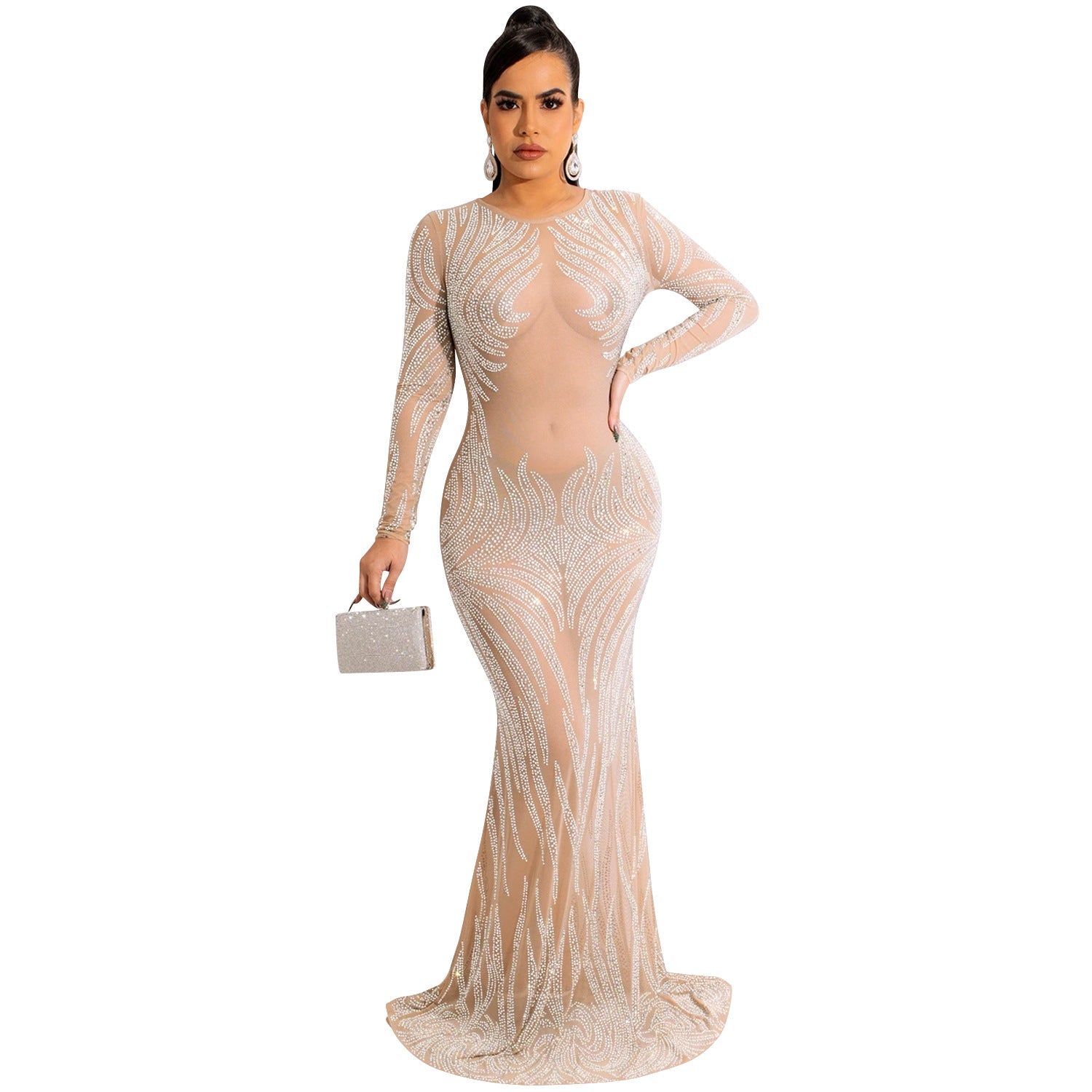 Night Club Rhinestone Mesh See through Long Sleeve Dress Dress