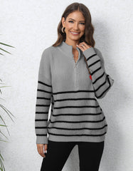 Pullover Pullover Gewebte Streifen Nähte Halb Rollkragen Lose Zip Top Pullover