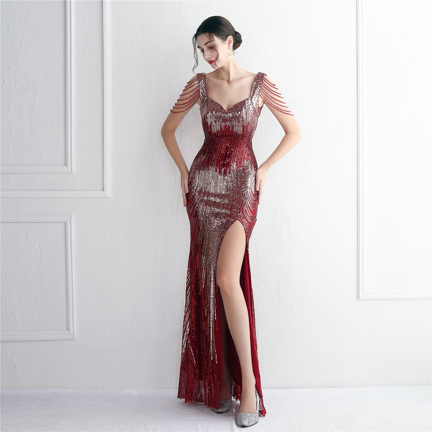 Craft Perlen Positionierung Floral Pailletten Partykleid Cocktail Slim Fit Abendkleid Elegant
