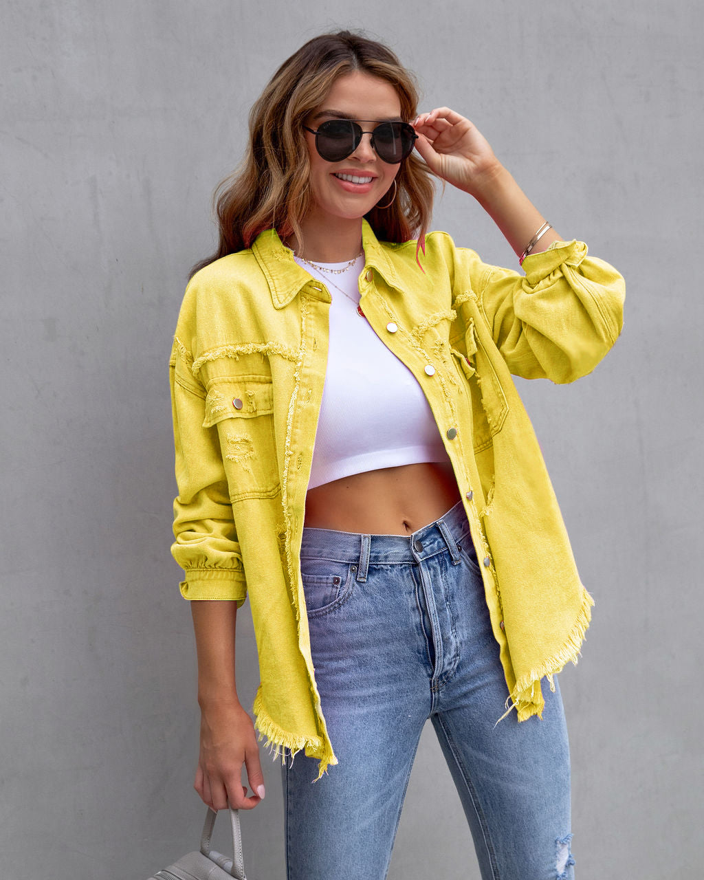 Multicolor MidLength Ripped Loose Denim Jacket Jacket