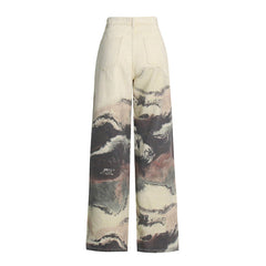 Pantalon patchwork à contraste de couleurs et peinture à l'encre fleurie, taille haute, coupe droite, décontracté, jeans assortis