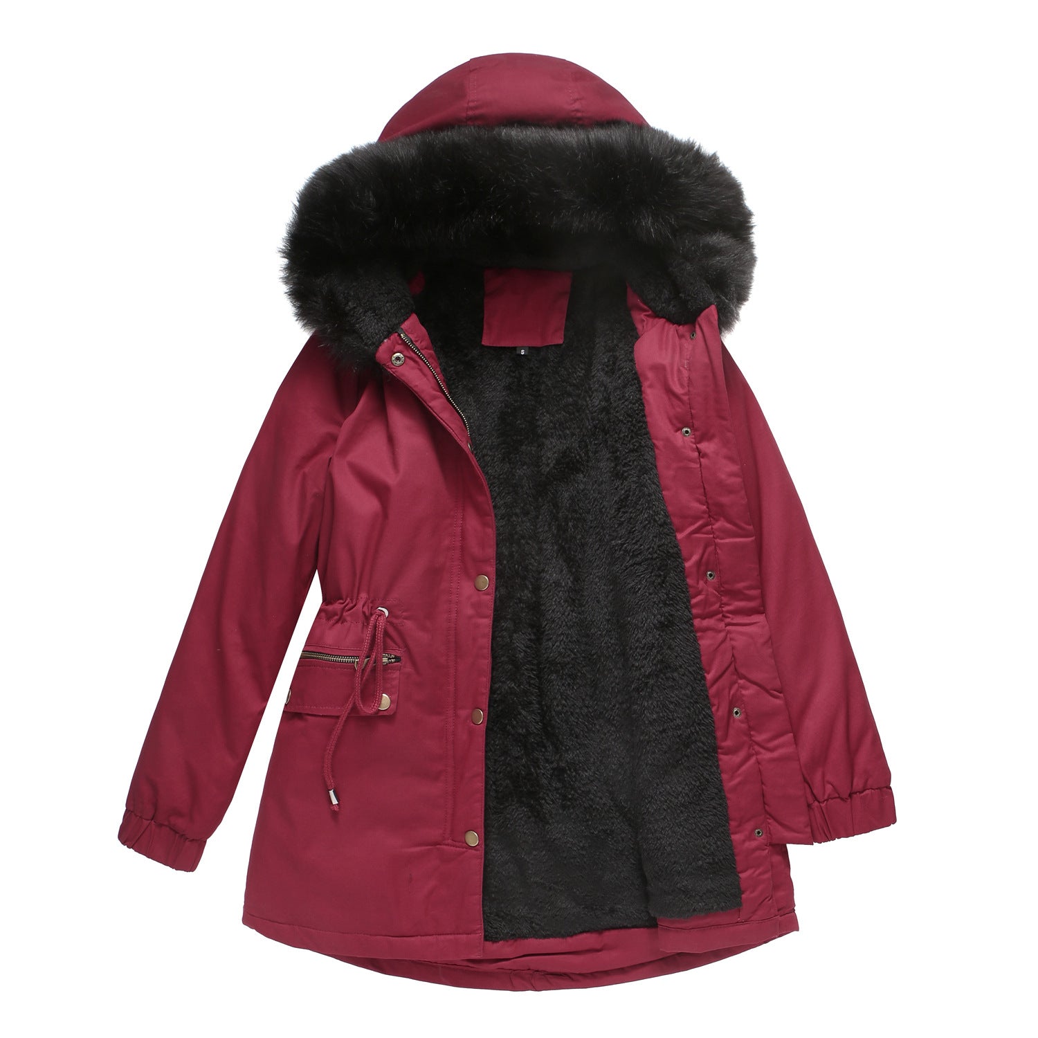 Parka Fleece Lined Coat with Fur Collar Hooded Warm Jacket Loose Cotton Coat Plus Size