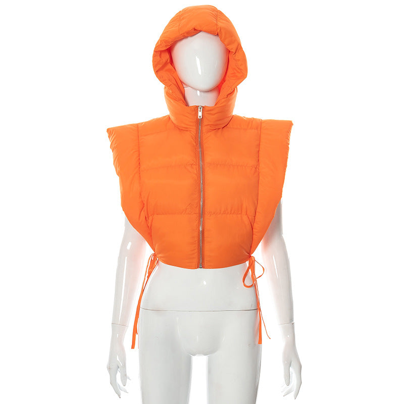 Solid Color Sleeveless Hooded Zipper Lace up Thermal Fleece Cotton Padded Coat Outerwear