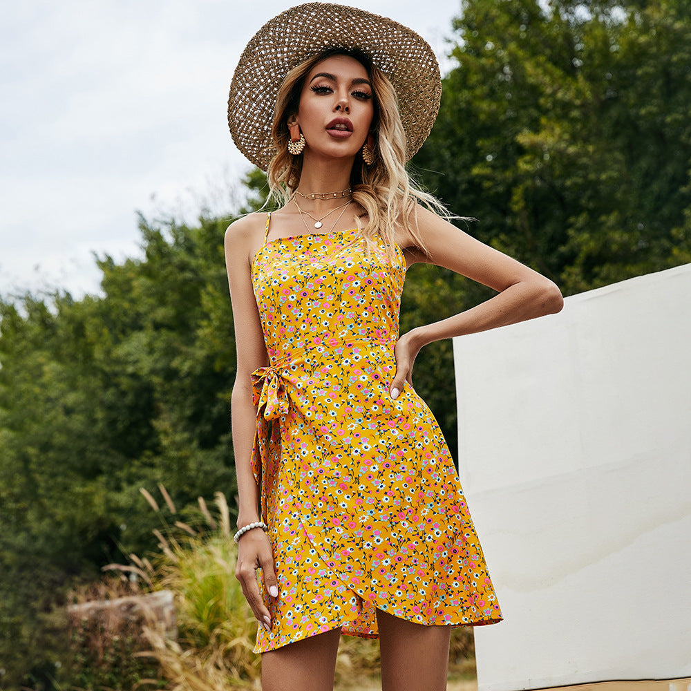 Blue Floral Printed Short Strap Dress Sundress