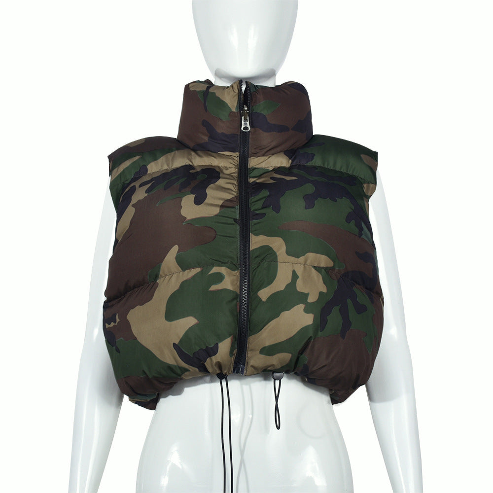 Street Camouflage Vest Quilted StCollar Zipper Sleeveless Short Shipment Cotton Padded Coat