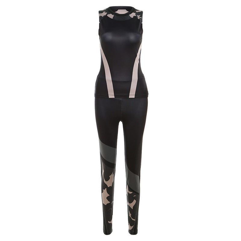 Digitaldruck Slim Fit Ärmelloses Oberteil High Waist Hosen Sets