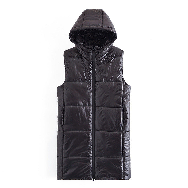 Black Faux Leather Cotton Padded Long Warm Hooded Vest