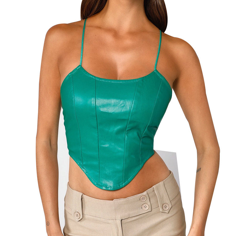 Solid Color Cropped Backless Faux Leather Camisole