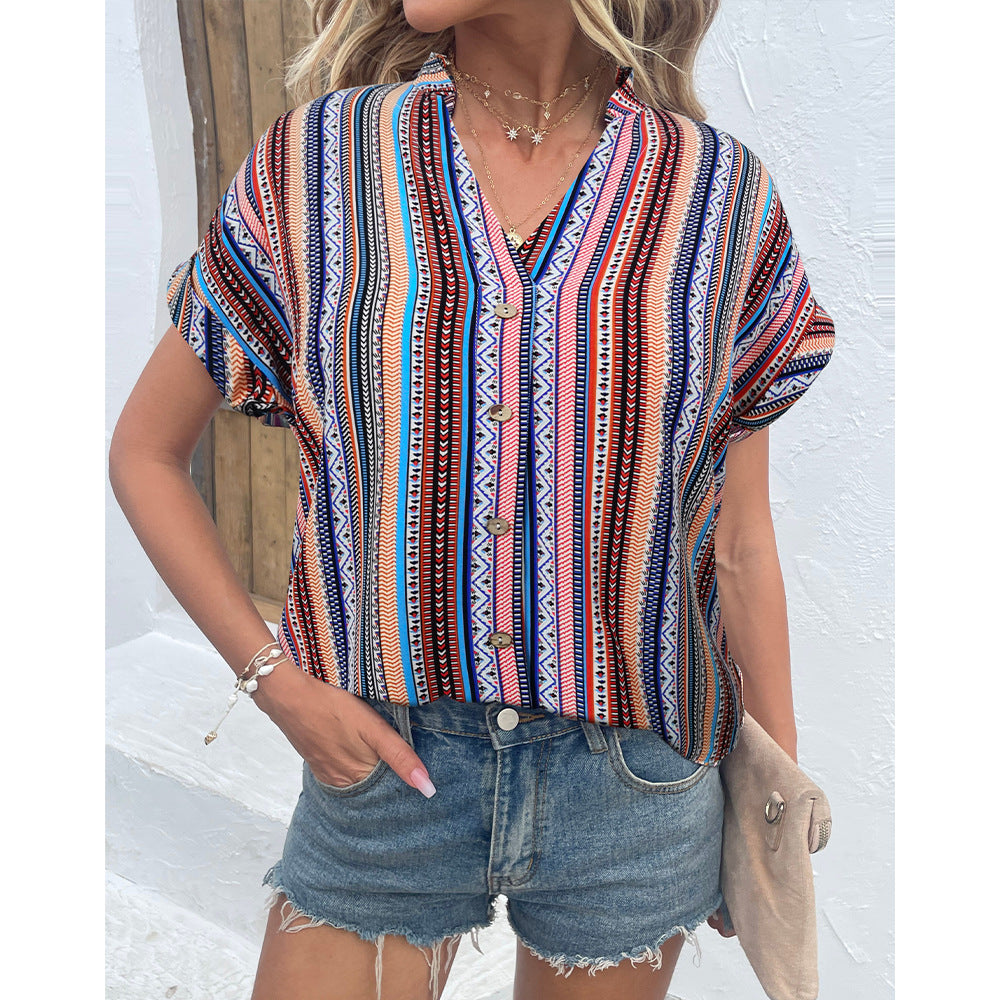 Shirt Striped Button Short Sleeve Shirt Loose Fitting Lining