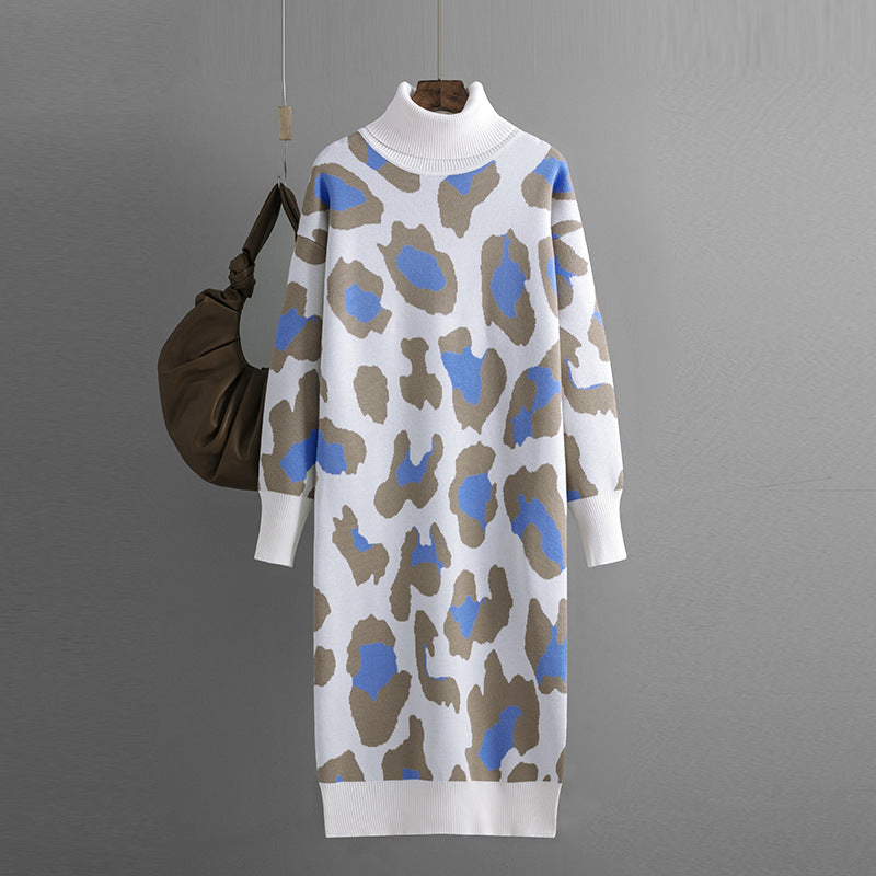 Turtleneck Base Knitted Dress Leopard Print Maxi Dress