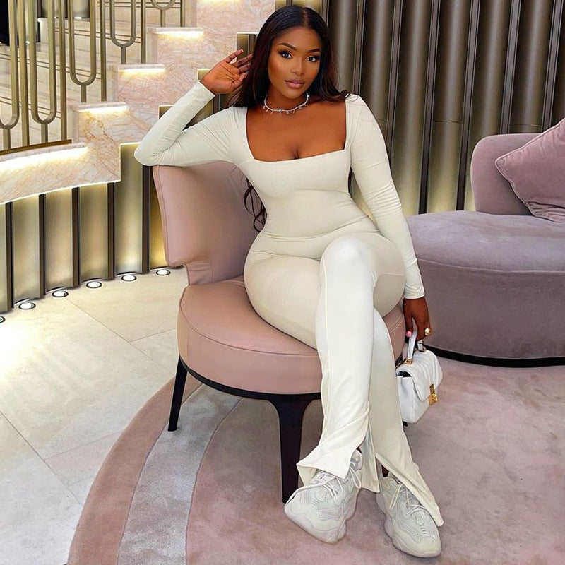 Square Collar Solid Color Tight Mid Length Tight Wide Leg Jumpsuit