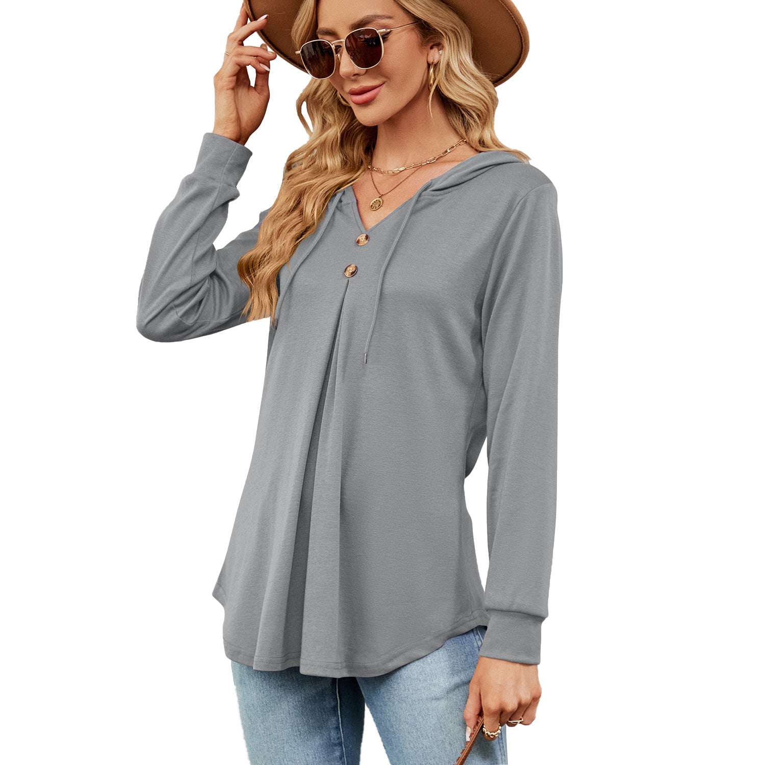 Solid Color V neck Button Hooded Loose Long Sleeves Sweater