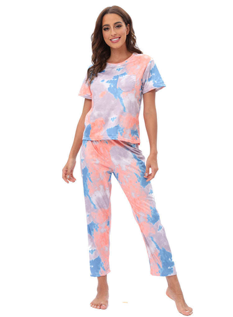 Home Wear Pajamas Two Piece Set Short Sleeve Trousers Suit Leopard Print Tie Dye