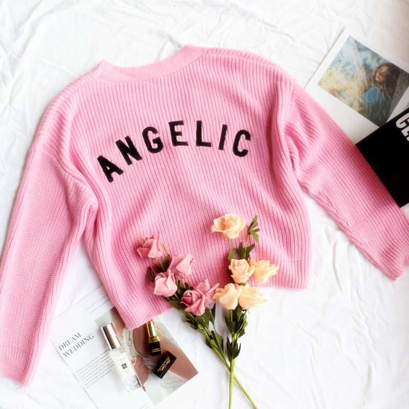 Outer Wear Letter Graphic Angel Embroidery Sweet Knitwear Coat Button Sweater