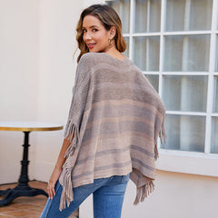 off Neck Tassel Shawl Contrast Color Striped Cape Coat