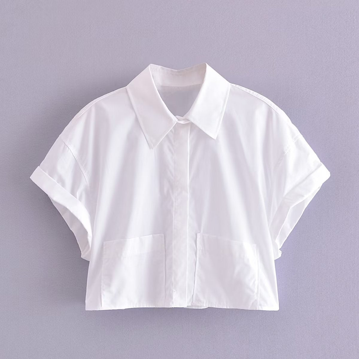 Collared Curling Short Sleeve Poplin Short Shirt