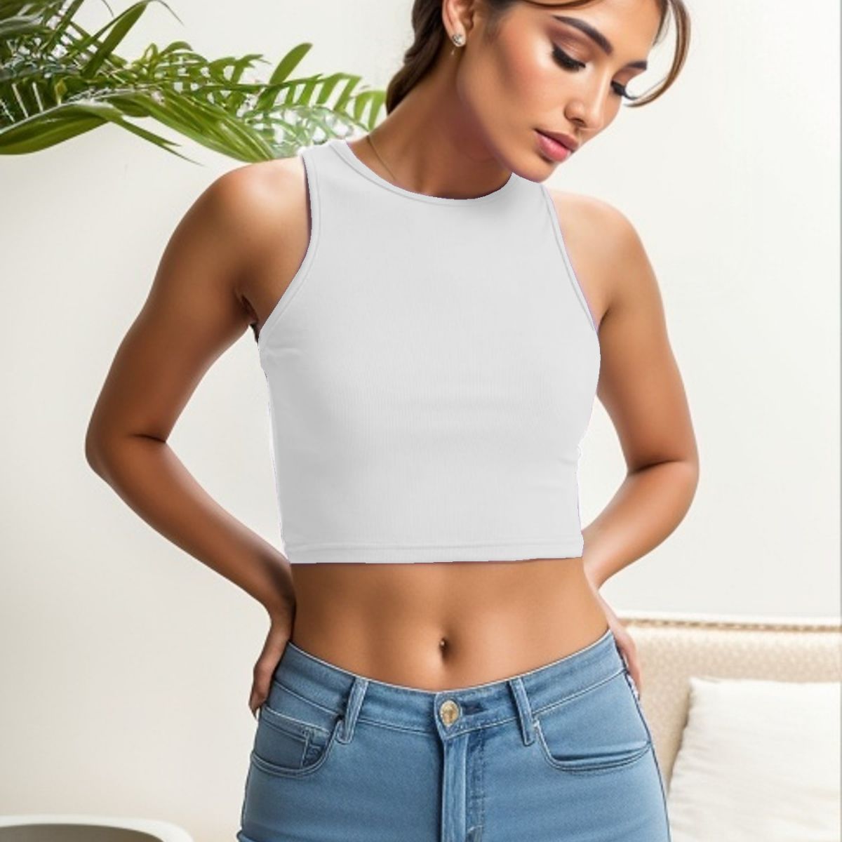 Slim Fit Cotton Rib Cropped Sleeveless Vest