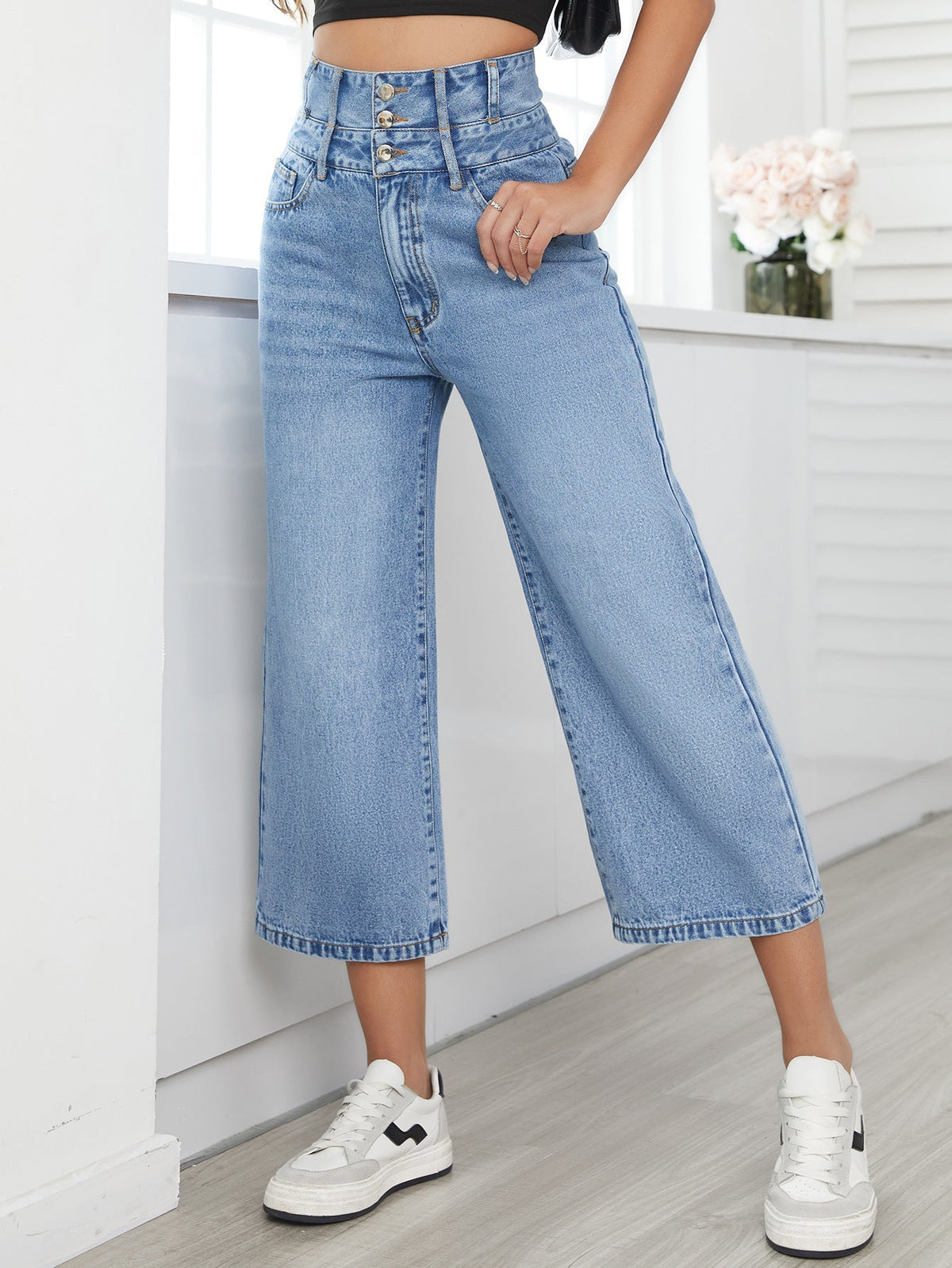 Denim Pants Straight High Waist Cropped Pants