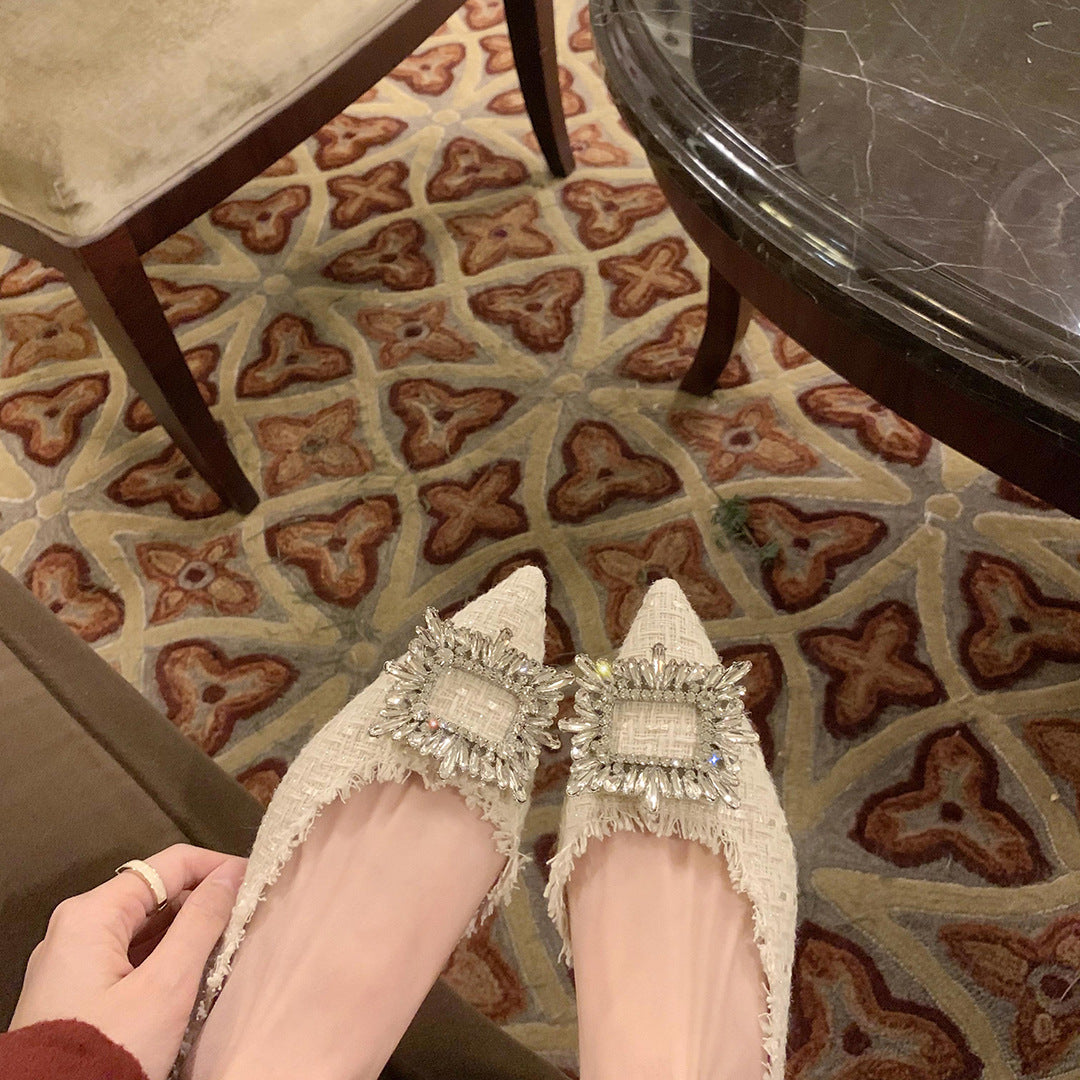 Women's South French Gold Temperament Pointed Toe Rhinestone Square
