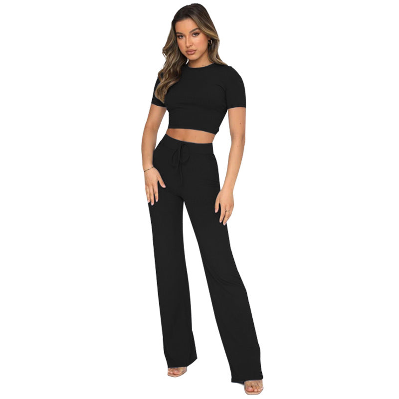 Casual Set Solid Color High-Elastic Body Shaping Short Sleeve Sunken Stripe Wide Leg Pants Two-Piece Set