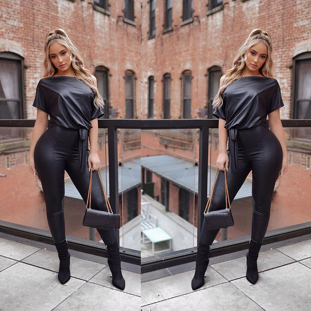 Fall Leather Strap Off The Shoulder Slim Fit One Piece Leather Jumpsuit