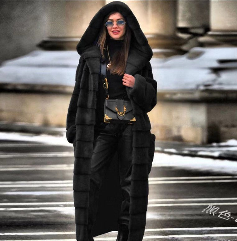 Manteau en fausse fourrure à capuche, manteau rembourré en coton, manteau épais et long en peluche, trench-coat grande taille