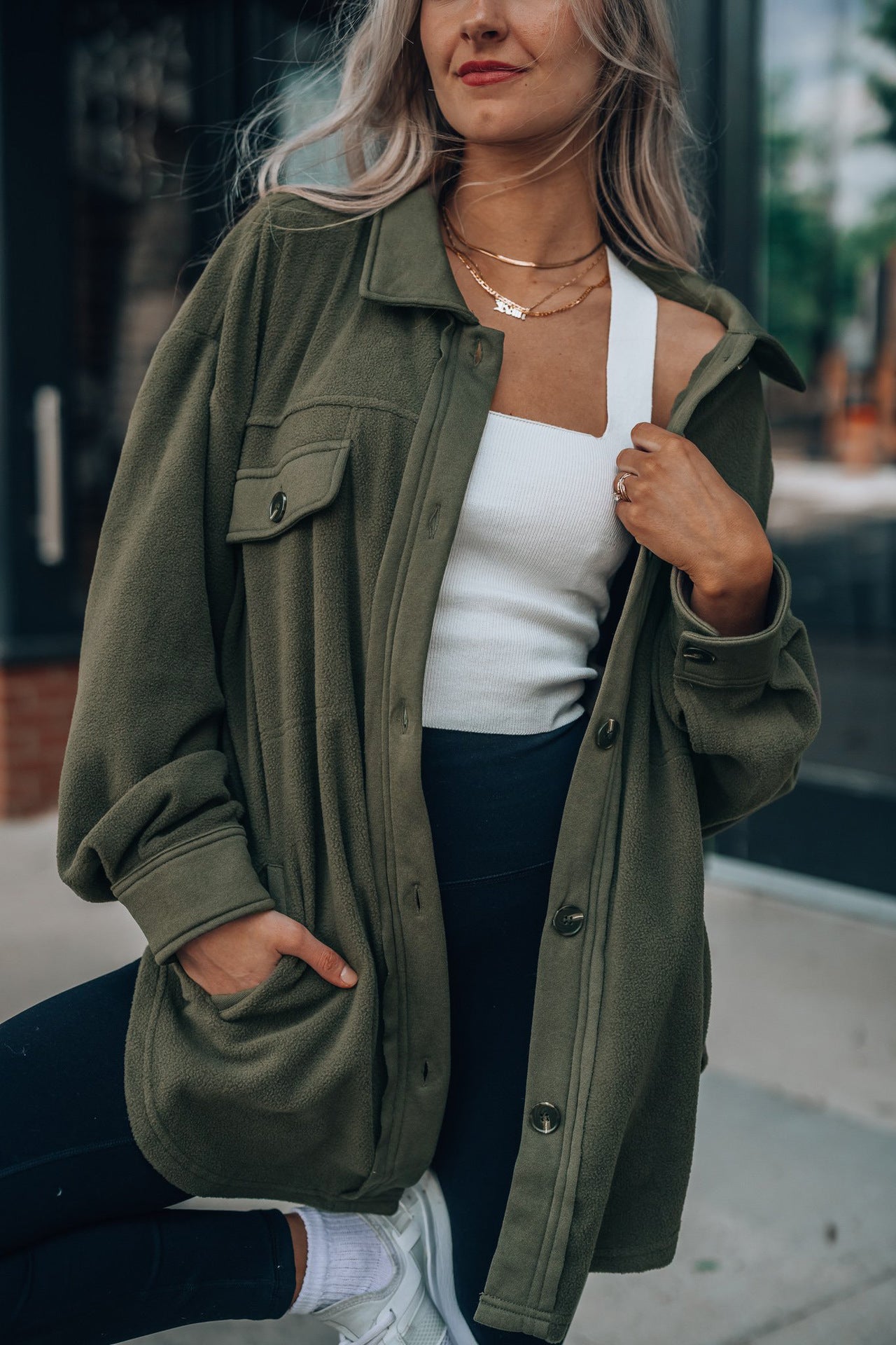 Fall Polo Collar Single Breasted Long Sleeve Shacket