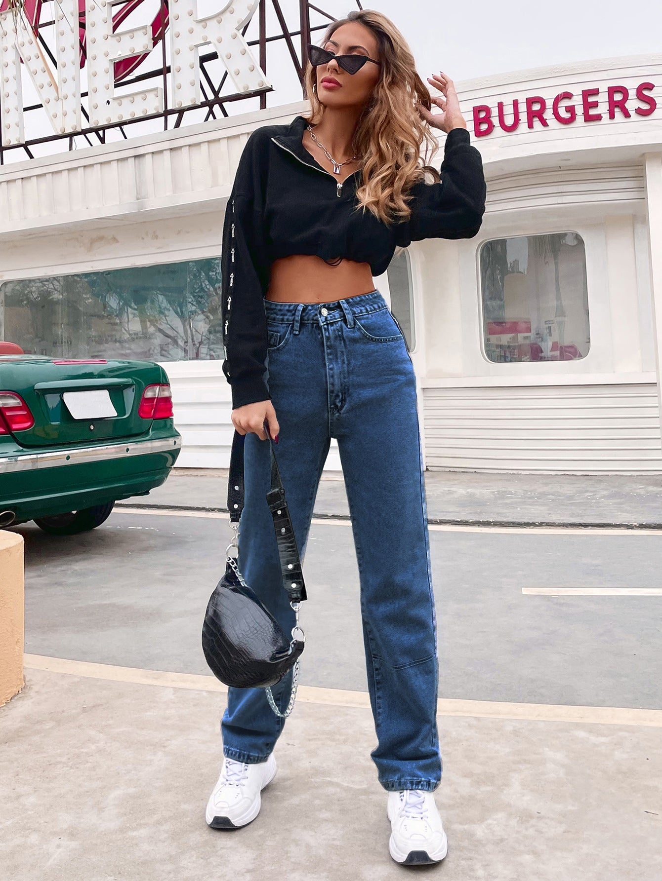 High Waist Black Denim Straight Leg Trousers Winter