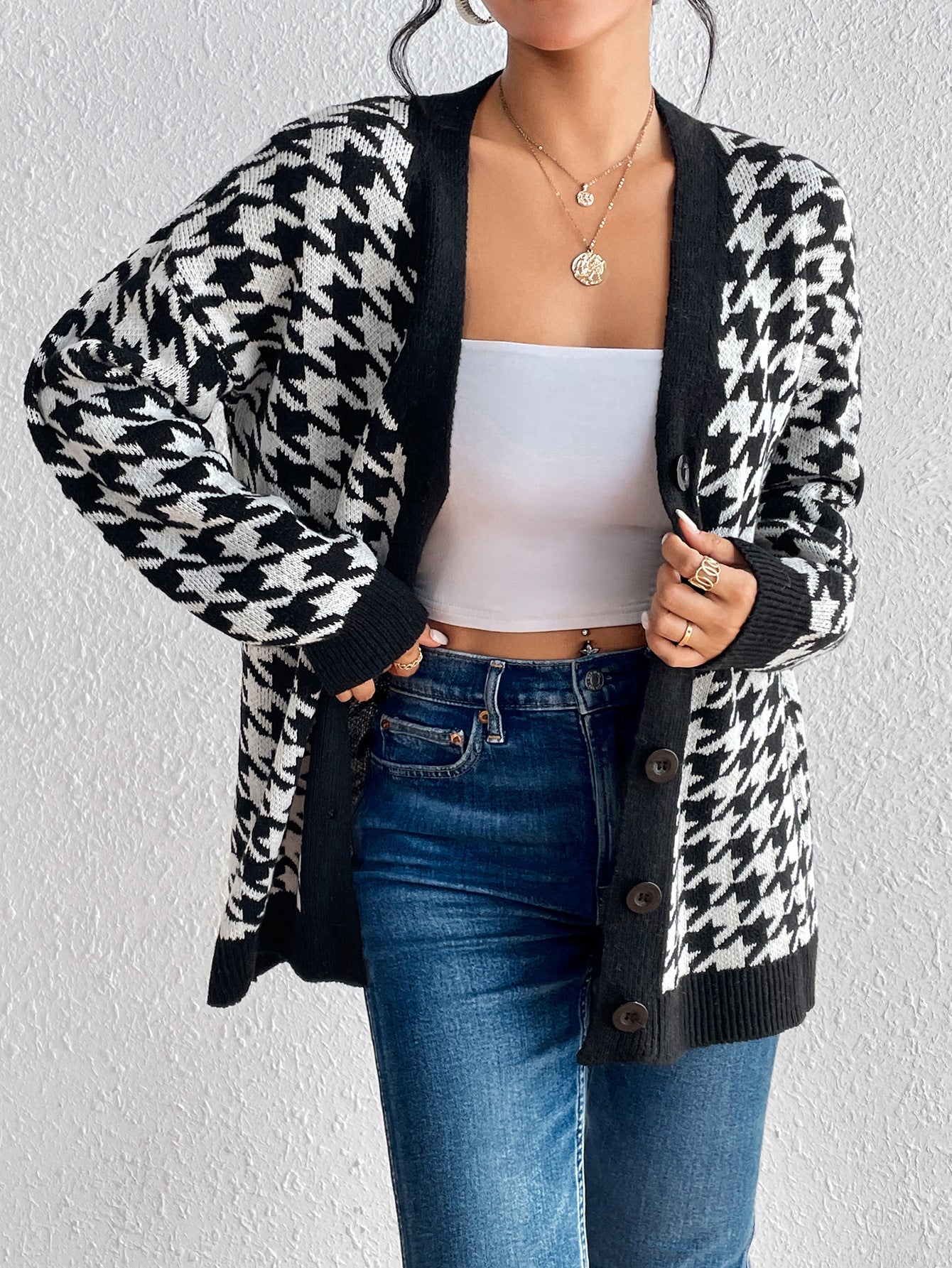 Contrast Color Houndstooth Cardigan Coat Knitted Sweater