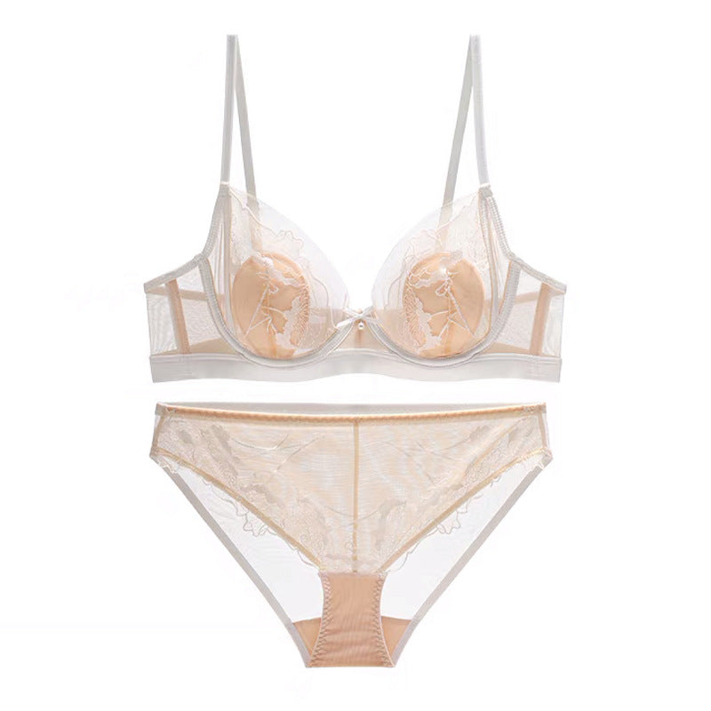 French Mesh Embroidery Contrast Color Underwear Big Chest Show Push up Breathable Bra Rabbit Ear Cup Bra Set