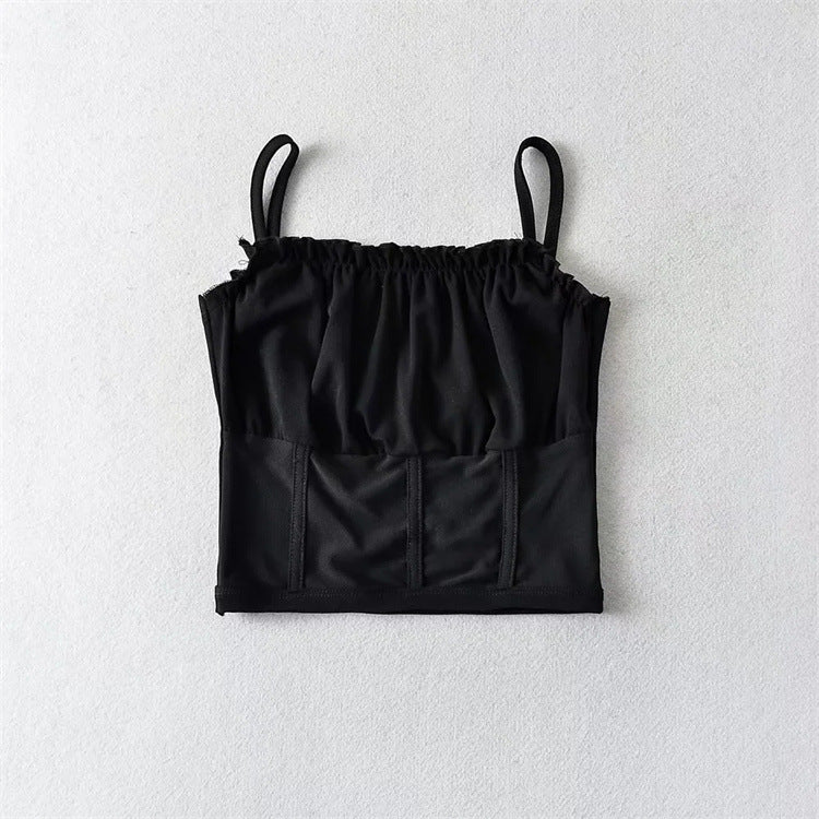 Wrapped Chest Solid Color off-the-Neck Vest Blogger off-Shoulder Patch Mesh Stitching Sling