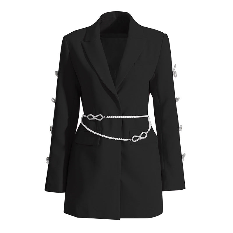 Dignified Hollow Out Cutout Bow Rhinestone Sleeve Pearl Belt Business Dress