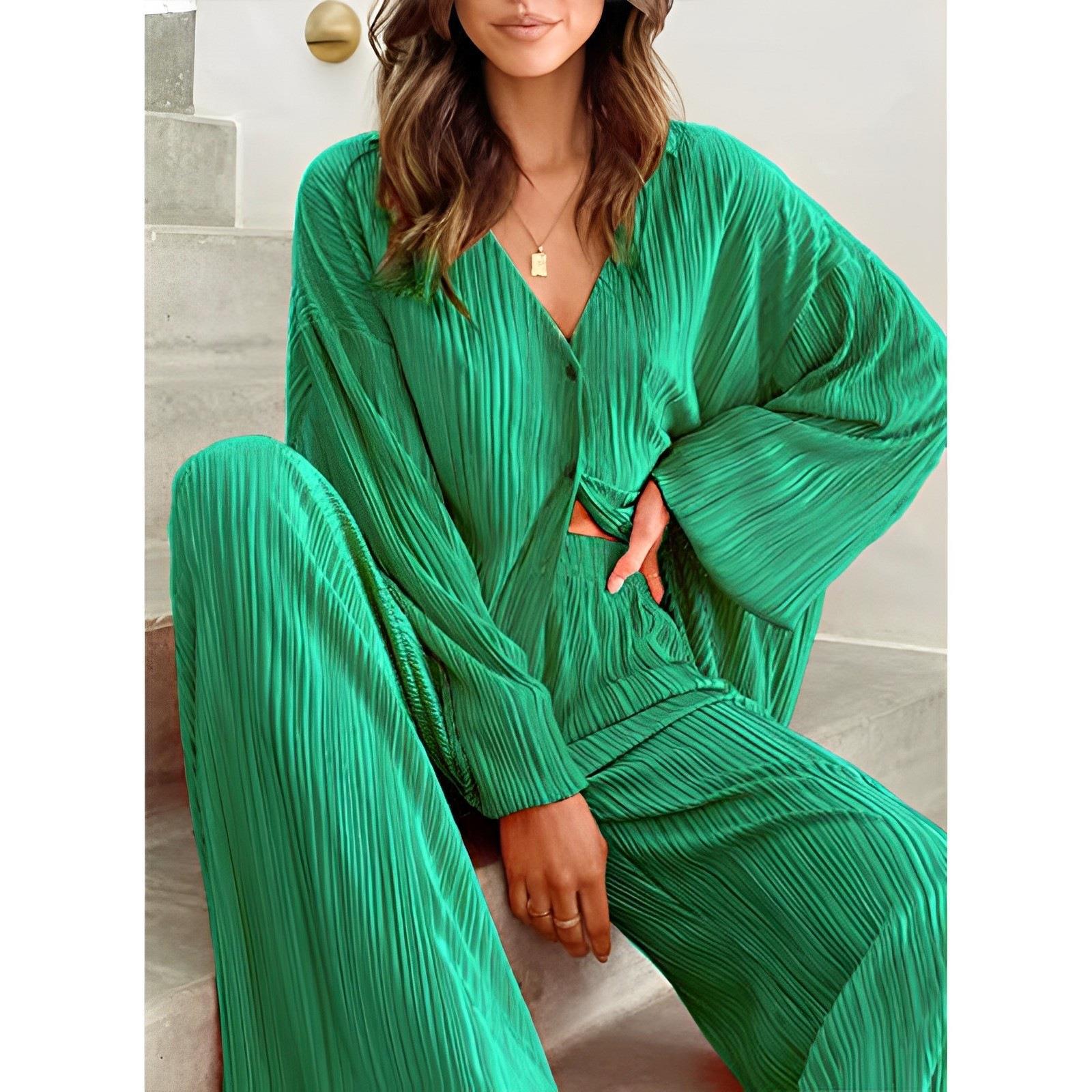 Solid Color Pleated Single Breasted Top High Waist Wide Leg Bell Bottoms Homewear Suit