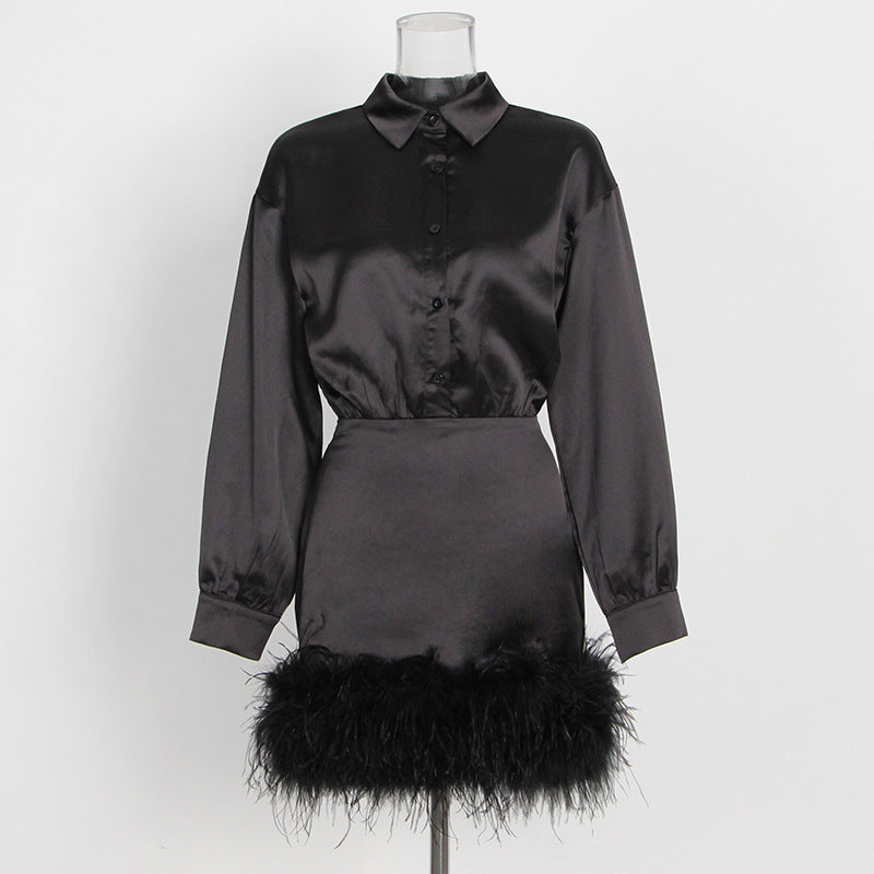 Elegant Socialite Personalized Satin Hip Collared Long Sleeve Solid Color Hem Feather Dress
